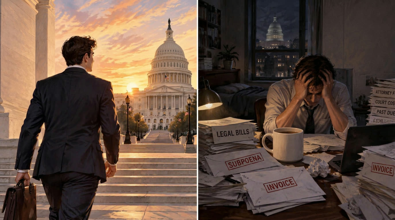 Two-panel illustration: a young staffer walking hopefully toward the Capitol at dawn, then the same man at night buried under legal bills and subpoenas